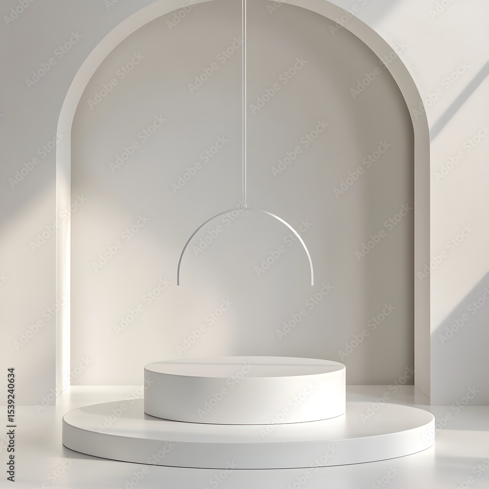 Poster white platform with arch and hanging half circle in a minimalist studio setting with soft light