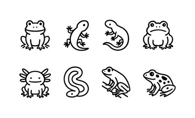 Obraz premium Line art amphibian collection: frogs, salamanders, axolotls, and worm