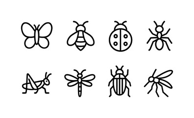 Minimalist insect icons set: butterfly, bee, ladybug, ant, grasshopper, dragonfly, beetle, mosquito