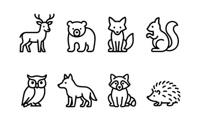 Cute woodland animals outline icons: deer, bear, fox, squirrel, owl, wolf, raccoon, and hedgehog