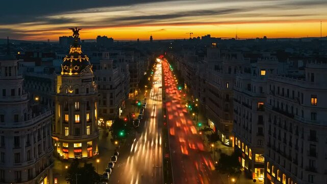 Madrid's Gran Via: Captivating time lapse of the iconic street at dusk into the night