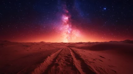 Surreal nightscape featuring a desert landscape under a vibrant milky way