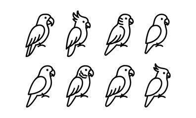Fototapeta premium Simple line art of eight parrots in various poses and styles