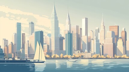 Pastel New York City skyline with sailboat