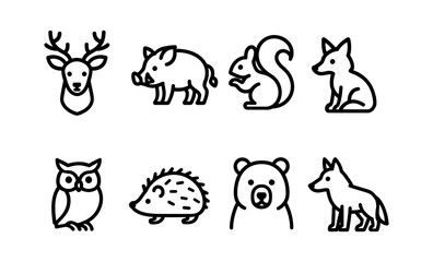 Fototapeta premium Outlined icons of forest animals: deer, boar, squirrel, fox, owl, hedgehog, bear, wolf