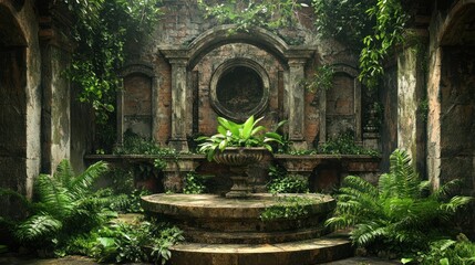 Overgrown architectural garden with ancient stone fountain and lush greenery