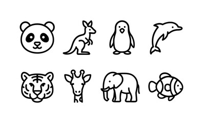 Adorable animal outlines: panda, kangaroo, penguin, dolphin, tiger, giraffe, elephant, clownfish