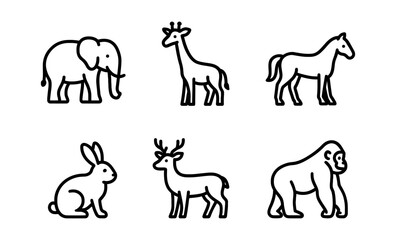 Minimalist animal icons set featuring elephant, giraffe, horse, rabbit, deer, and gorilla