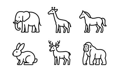 Minimalist outline animals: elephant, giraffe, horse, rabbit, deer, gorilla line art set
