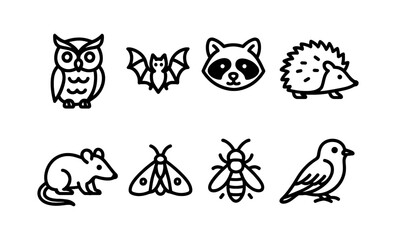 Outline icons set of owl, bat, raccoon, hedgehog, mouse, moth, bee, and bird