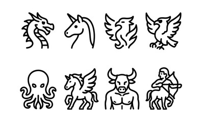 Mythical creature icons set featuring dragon, unicorn, phoenix, griffin, octopus, pegasus, minotaur, centaur
