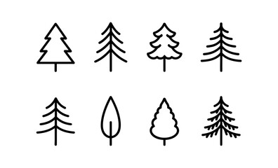 Obraz premium Minimalist tree icon set: simple line art of various tree shapes and designs