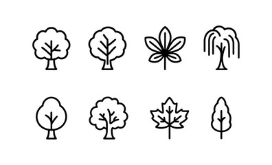 Minimalist black line tree icons featuring sycamore, walnut, chestnut, willow, magnolia, oak, maple, and poplar