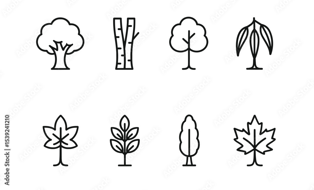 Poster minimalist tree and leaf icon set for nature and design projects
