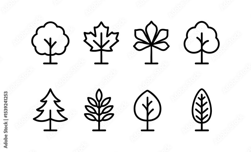 Poster minimalistic tree icon set featuring various leaf shapes and tree types