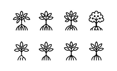 Illustration of diverse mangrove species with roots and leaves icon set