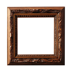 A close up of a detailed square wooden frame with intricate carvings and white background on black
