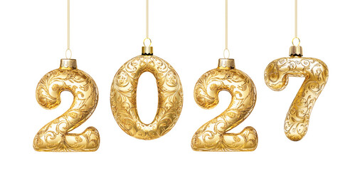Golden 2027 Number Baubles New Year Hanging on Ribbon Isolated on White and Png Transparent Background