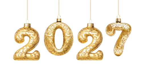 Golden 2027 Number Baubles New Year Hanging on Ribbon Isolated on White and Png Transparent Background