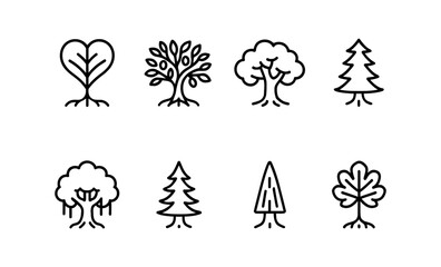 Fototapeta premium Minimalist tree icon set featuring bodhi, olive, oak, cedar, banyan, yew, sequoia, fig