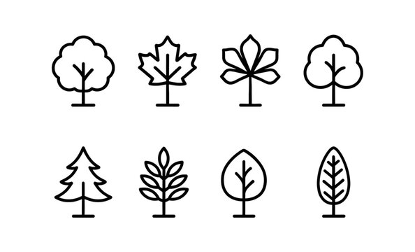 Minimalistic tree icon set featuring various leaf shapes and tree types