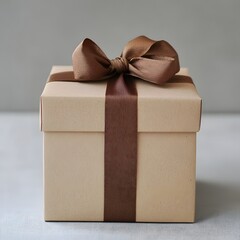 A beige gift box with a brown ribbon and bow sitting on a light gray surface in a studio setting
