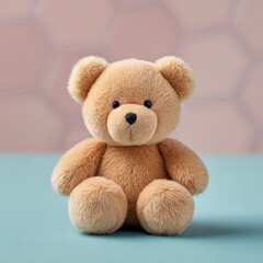 Obraz premium Teddy bear sits upright, facing forward. Childhood friend, stuffed animal, toy, plush