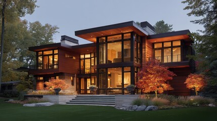 Bold facade with expansive windows, natural wood siding, and sunset-lit walls in warm tones