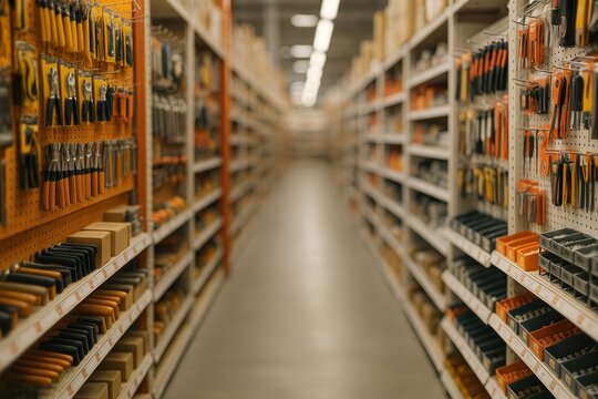 Long aisle in a hardware store or warehouse with blurred shelves of tools and supplies. Industrial background.