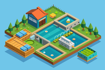 Isometric vector illustration of an urban residential building, depicting a city map with houses, streets, and trees