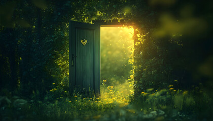 surreal open door in the middle of nature, symbol of passage