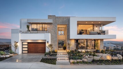 Brightly lit modern home with horizontal lines, earthy colors, and open landscaping