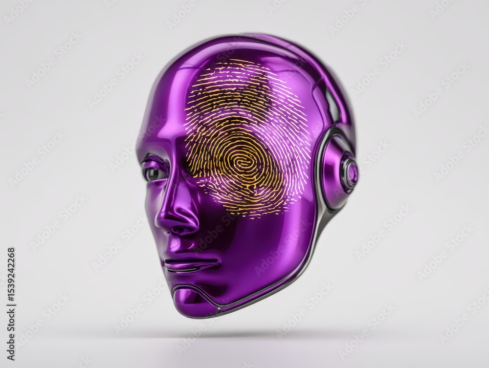 Poster metallic humanoid face with intricate fingerprint design symbolizing the fusion of technology and id