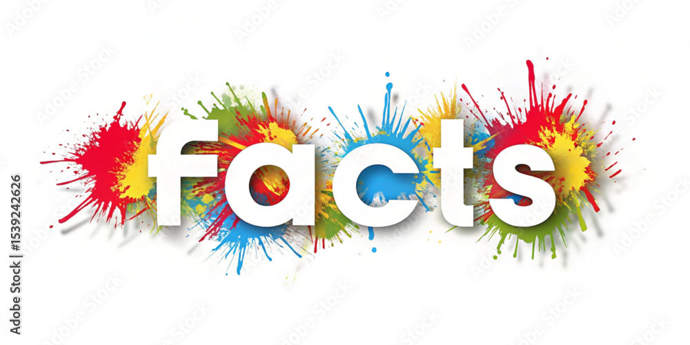 Poster facts text in white color with colorful paint splashes behind each letter on a white background desi