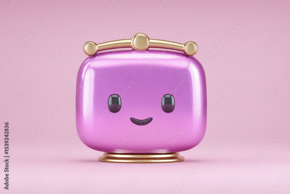 Poster playful pink character with sparkling metallic finish and cheerful smile against a soft pastel backd