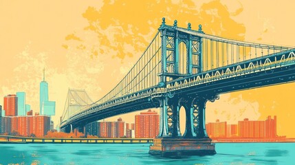 NYC Brooklyn Bridge, vintage art style