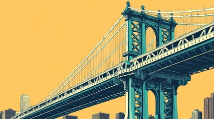 NYC Bridge, stylized, teal, mustard