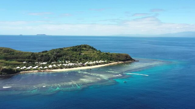 Scenic coral Tokoriki island in Pacific ocean at Fiji islands &ndash; aerial panorama as 4k.
