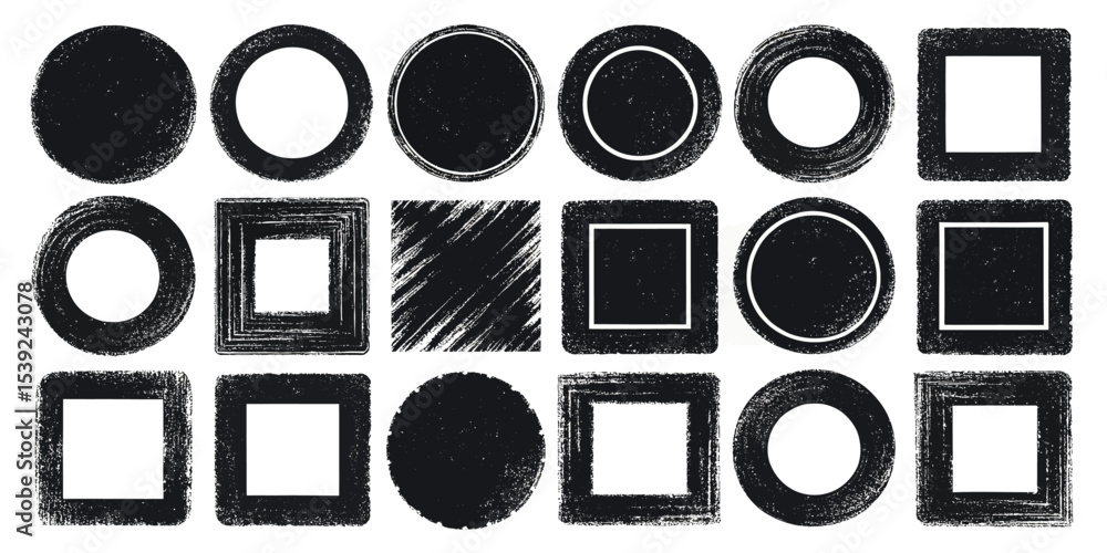 Poster diverse array of grunge geometric shapes circles and squares featuring textured edges for design and