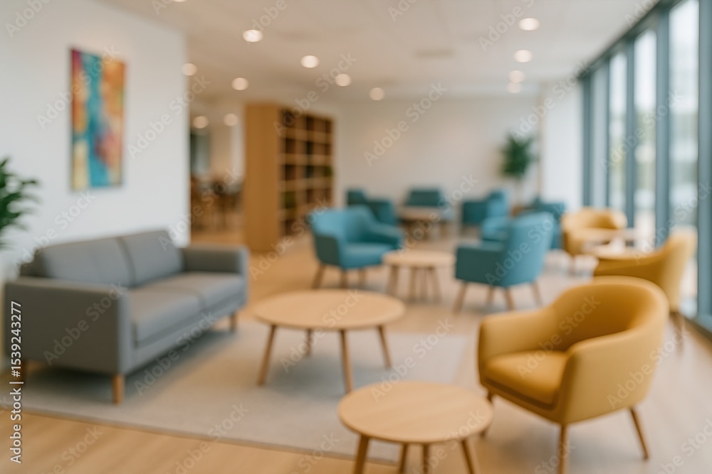 Poster blurred background of a modern lobby with stylish furniture and large window. abstract view for inte