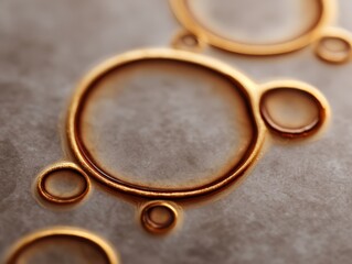 Golden bubbles float on neutral surface. Microscopic view, cell structure, molecular, science, abstract, fluid, oil