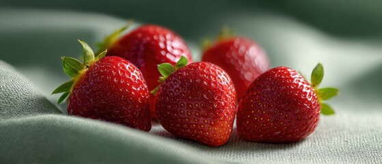 Fresh strawberries are grouped on a linen cloth. Healthy fruit, sweet treat, fresh food, organic berries.