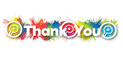 Obraz premium Thank you text with colorful paint splatters and magnifying glass symbols on a white background design created with generated ai