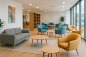 Blurred background of a modern lobby with stylish furniture and large window. Abstract view for interior design concept.