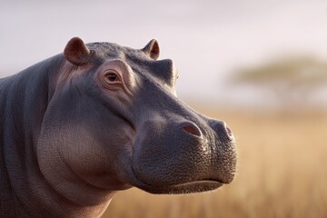 Hippo gazes into the distance in its natural habitat. Wildlife, nature, African animal, hippopotamus portrait.