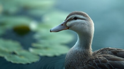 Duck swims peacefully in a pond surrounded by lily pads. Tranquil aquatic scene, wildlife, nature, ornithology, waterfowl habitat.