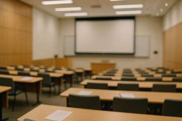 Blurred university lecture hall with rows of empty seats and a blank projection screen in a modern conference room.