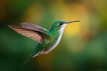 Hummingbird flies in mid-air with vibrant green feathers. Avian wildlife, nature, animalia, tropical.