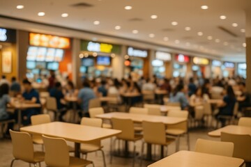 Blurred image of a food court in bright shopping mall. Abstract background showing a busy restaurant setting.