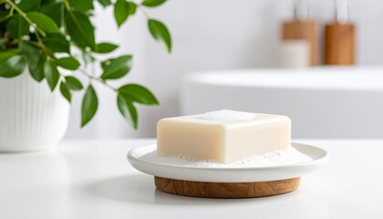 Bar soap with bubbles on dish. Ideal for hygiene, skincare, wellness, and health-related ad visuals.